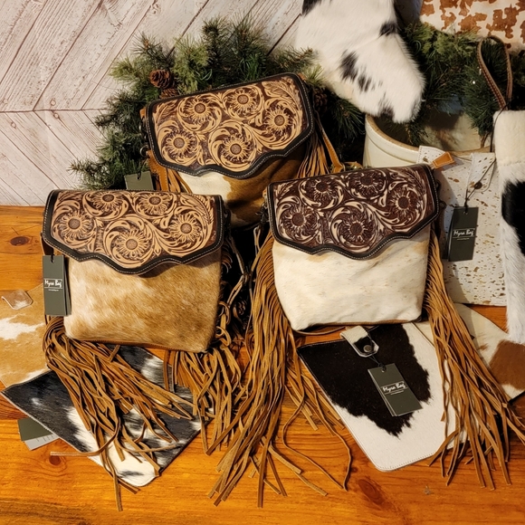 NWT MYRA BLOSSOM HAND-TOOLED BAG Genuine Hair On Hide Leather Fringe - Picture 8 of 8